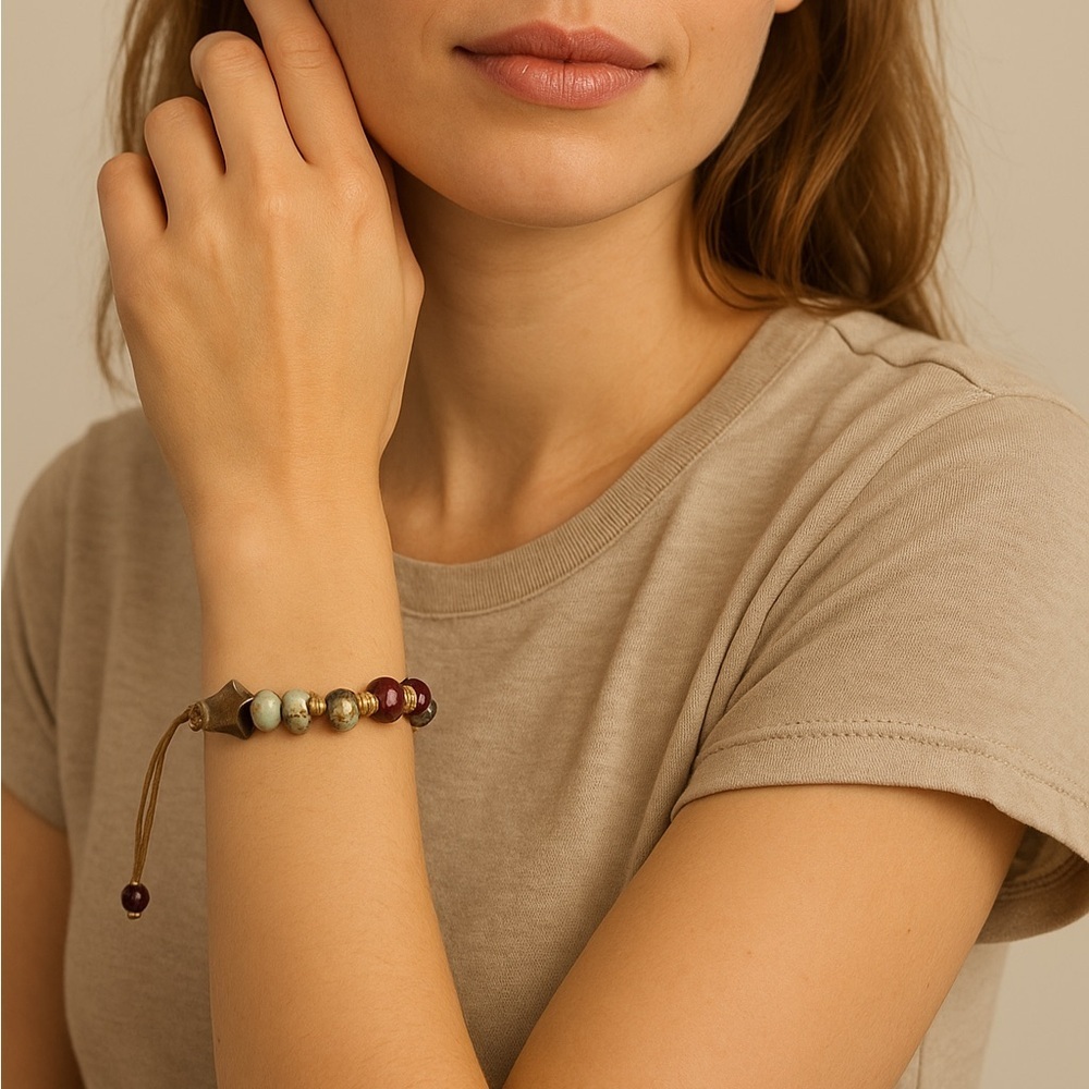 Handmade Adjustable Ceramic Bead Bracelet – Earthy Boho Style – Star Charm NWT